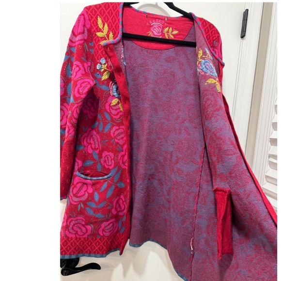 Gudrun Sjoden Roses Embroidered Button Front Cardigan Red Pink Floral‎ SM/Medium - Picture 8 of 12